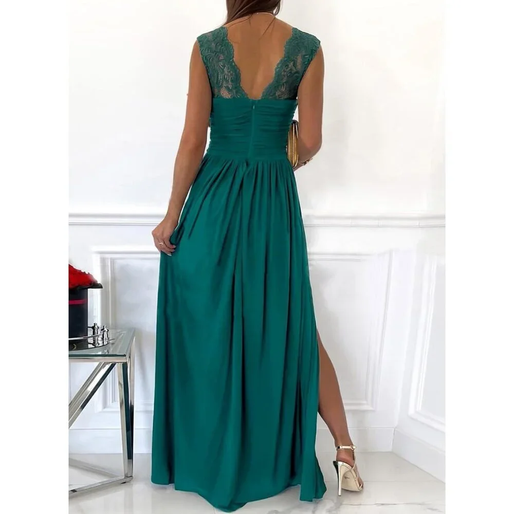 Women's V-Neck Maxi Dress Ruched Elegant Formal Party Bridesmaid Gown - Picture 2 of 7